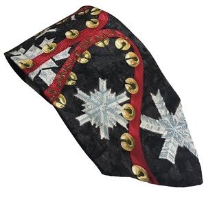 Ho Ho Ho Christmas Jingle Bell Tie Silk Sleigh Bells Snowflakes Holiday Tied USA